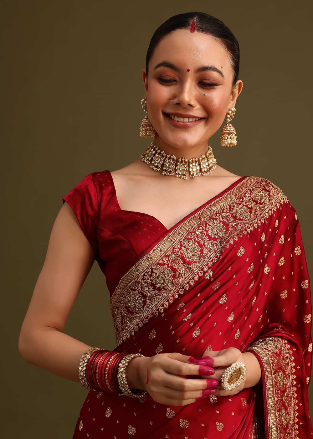 Maroon Satin Zardosi And Cutdana Embroidered Saree