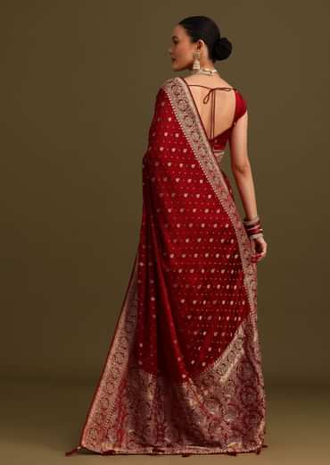 Maroon Satin Zardosi And Cutdana Embroidered Saree