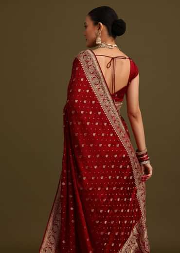Maroon Satin Zardosi And Cutdana Embroidered Saree
