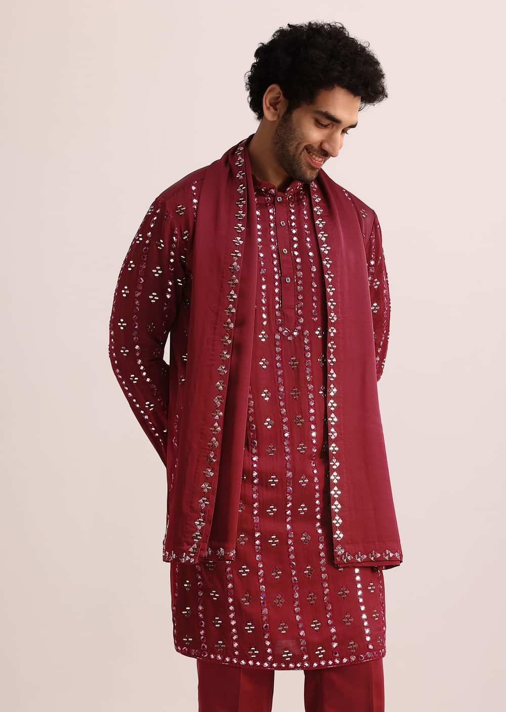 Maroon Silk Blend Mirror Work Kurta Set With Dupatta