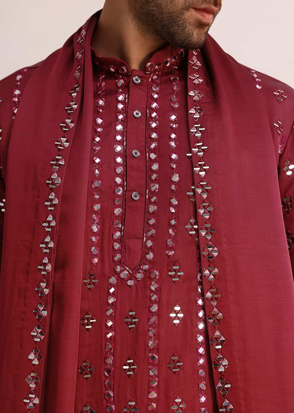 Maroon Silk Blend Mirror Work Kurta Set With Dupatta