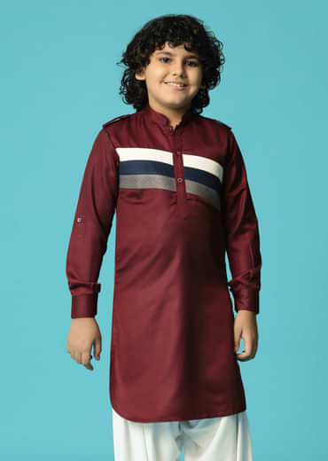 Maroon Silk Kurta Salwar With Pintuck Detailing For Boys