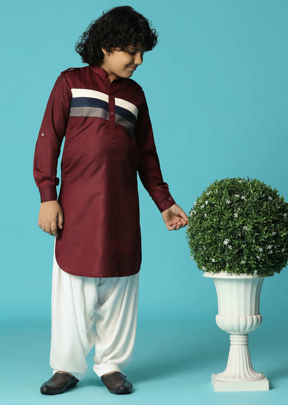 Maroon Silk Kurta Salwar With Pintuck Detailing For Boys