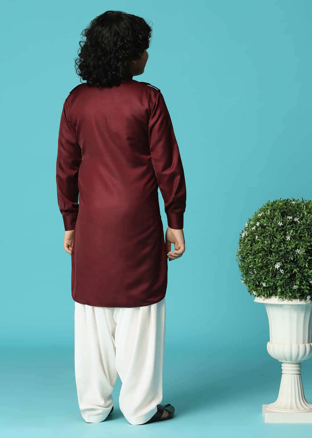 Maroon Silk Kurta Salwar With Pintuck Detailing For Boys