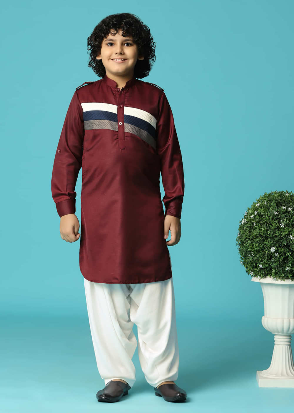 Maroon Silk Kurta Salwar With Pintuck Detailing For Boys