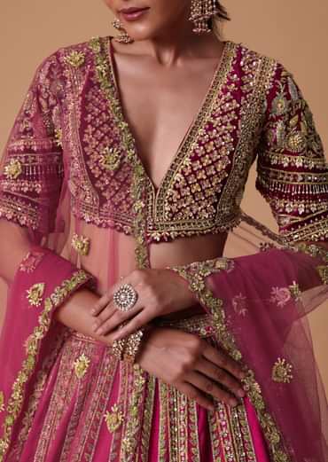 Maroon Silk Velvet 16 Kali Lehenga And Zardosi Blouse Set