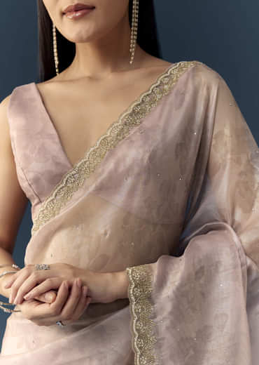 Mauve Jacqaurd Floral Print Tissue Silk Saree with Unstitched Blouse