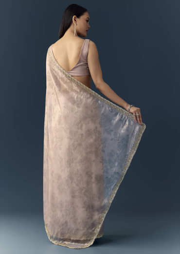 Mauve Jacqaurd Floral Print Tissue Silk Saree with Unstitched Blouse