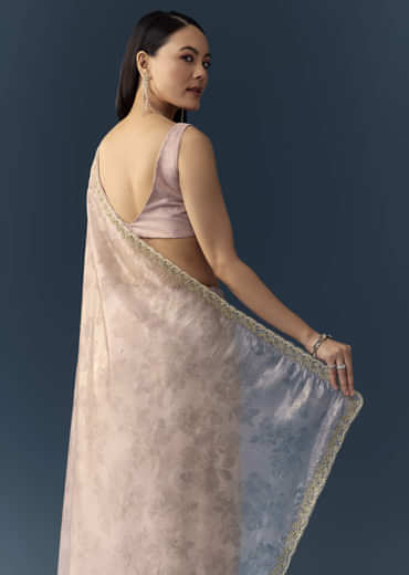 Mauve Jacqaurd Floral Print Tissue Silk Saree with Unstitched Blouse