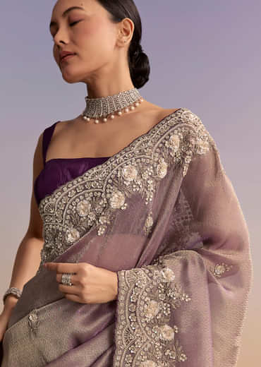 Mauve Jacquard Embroidered Saree With Floral Border