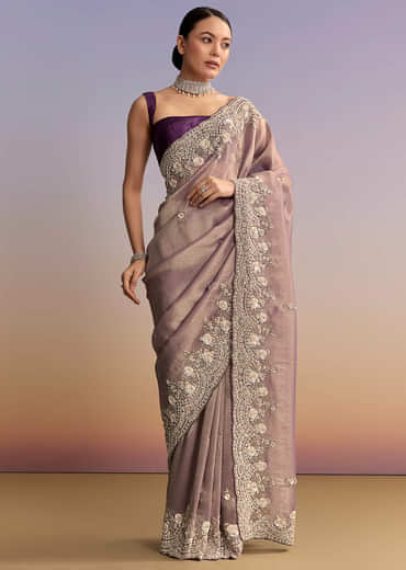 Mauve Jacquard Embroidered Saree With Floral Border