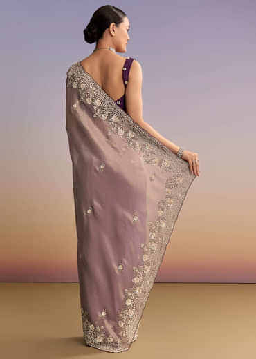 Mauve Jacquard Embroidered Saree With Floral Border