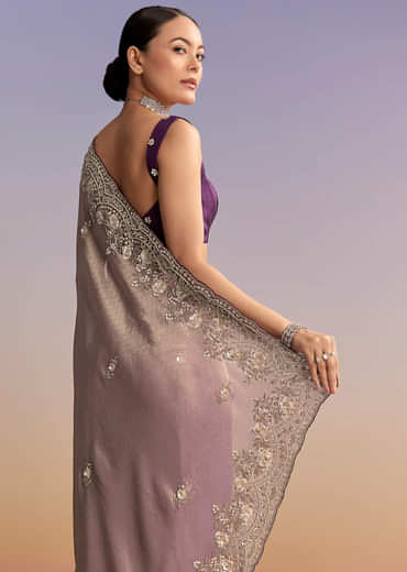 Mauve Jacquard Embroidered Saree With Floral Border