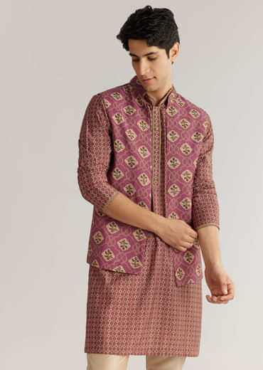 Mauve Modal Chanderi Cutdana Sequins Kurta Jacket Set