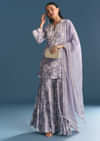 Mauve Muslin Floral Print Kurta Sharara Suit With Moti Cutdana Work