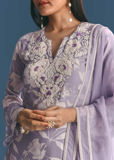 Mauve Muslin Floral Print Kurta Sharara Suit With Moti Cutdana Work