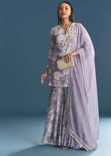 Mauve Muslin Floral Print Kurta Sharara Suit With Moti Cutdana Work