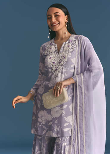 Mauve Muslin Floral Print Kurta Sharara Suit With Moti Cutdana Work