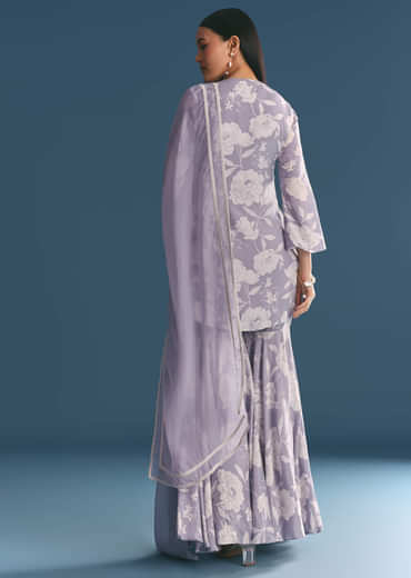 Mauve Muslin Floral Print Kurta Sharara Suit With Moti Cutdana Work