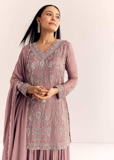 Mauve Pink Chinon Kurta Palazzo Set With Moti Work