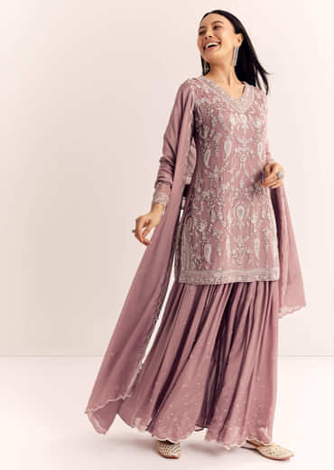 Mauve Pink Chinon Kurta Palazzo Set With Moti Work