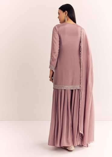 Mauve Pink Chinon Kurta Palazzo Set With Moti Work