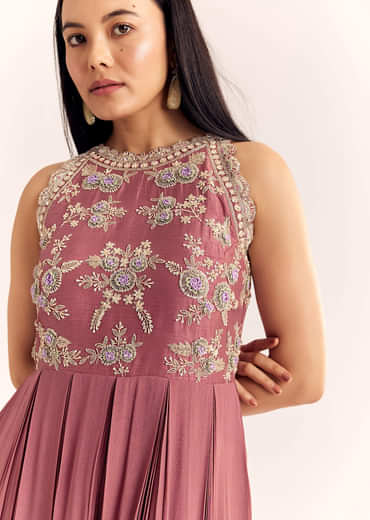 Mauve Pink Georgette Jumpsuit With Cutdana Beads And Threadwork