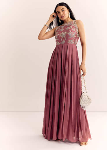Mauve Pink Georgette Jumpsuit With Cutdana Beads And Threadwork