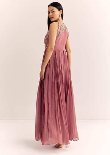 Mauve Pink Georgette Jumpsuit With Cutdana Beads And Threadwork