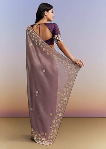 Mauve Purple Jacquard Tissue Saree With Heavy Hand Embroidery