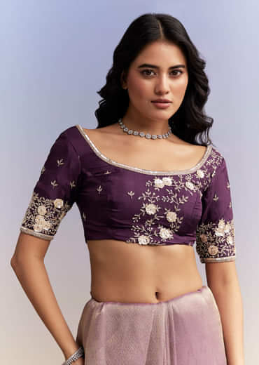 Mauve Purple Jacquard Tissue Saree With Heavy Hand Embroidery