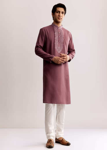 Mauve Silk Kurta Set With Thread Embroidery