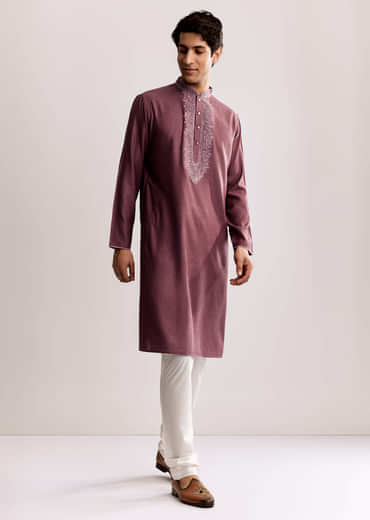 Mauve Silk Kurta Set With Thread Embroidery