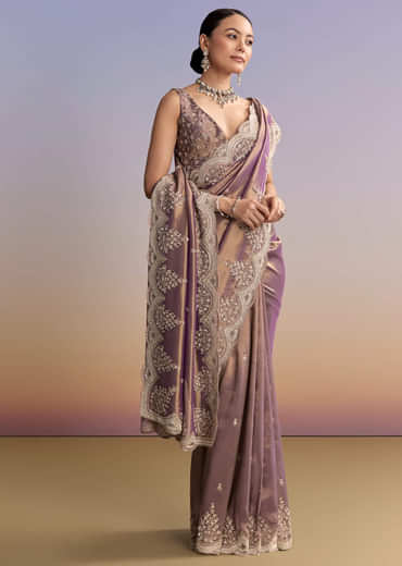 Mauve Tissue Embroidered Saree With Sequin And Stone Work