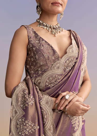 Mauve Tissue Embroidered Saree With Sequin And Stone Work
