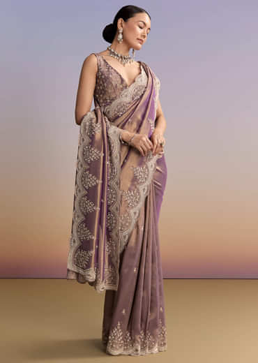Mauve Tissue Embroidered Saree With Sequin And Stone Work