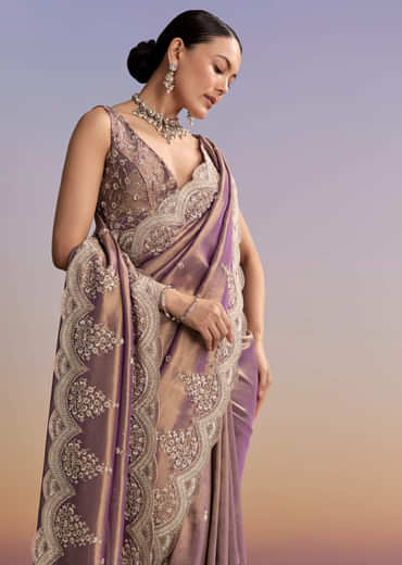 Mauve Tissue Embroidered Saree With Sequin And Stone Work