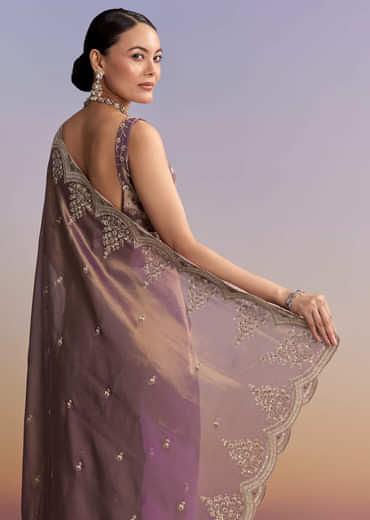 Mauve Tissue Embroidered Saree With Sequin And Stone Work
