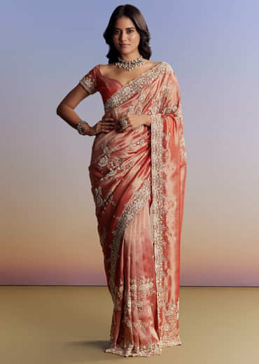 Mauve Tissue Saree With Scallop Border And Bead Embroidery