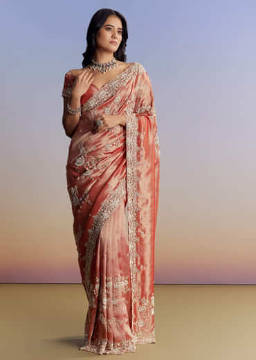 Mauve Tissue Saree With Scallop Border And Bead Embroidery