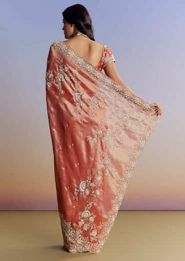 Mauve Tissue Saree With Scallop Border And Bead Embroidery