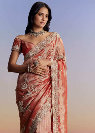 Mauve Tissue Saree With Scallop Border And Bead Embroidery