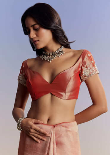 Mauve Tissue Saree With Scallop Border And Bead Embroidery