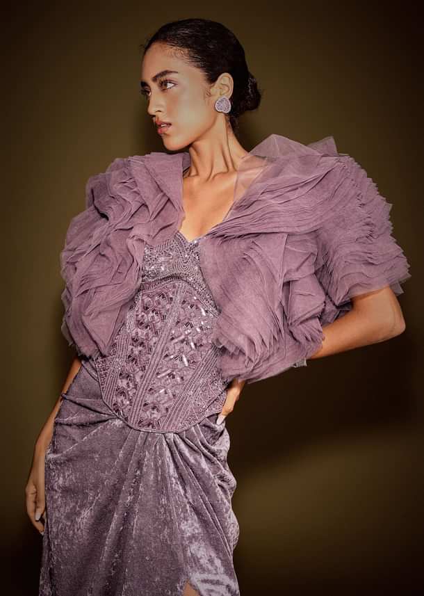 Mauve Velvet Embroidered Corset Set With Drape Skirt And Ruffled Jacket