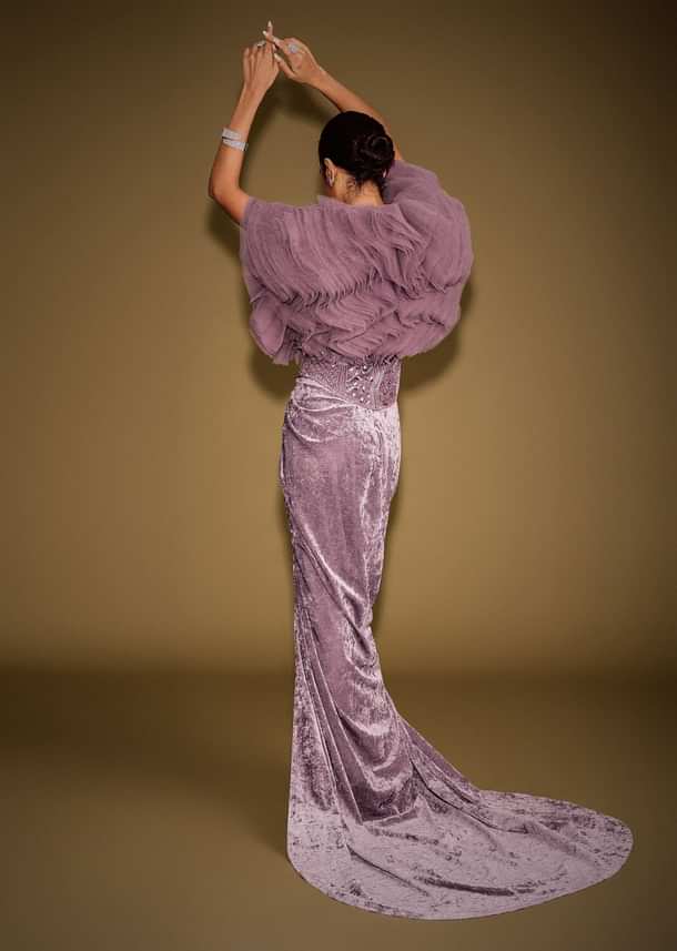 Mauve Velvet Embroidered Corset Set With Drape Skirt And Ruffled Jacket