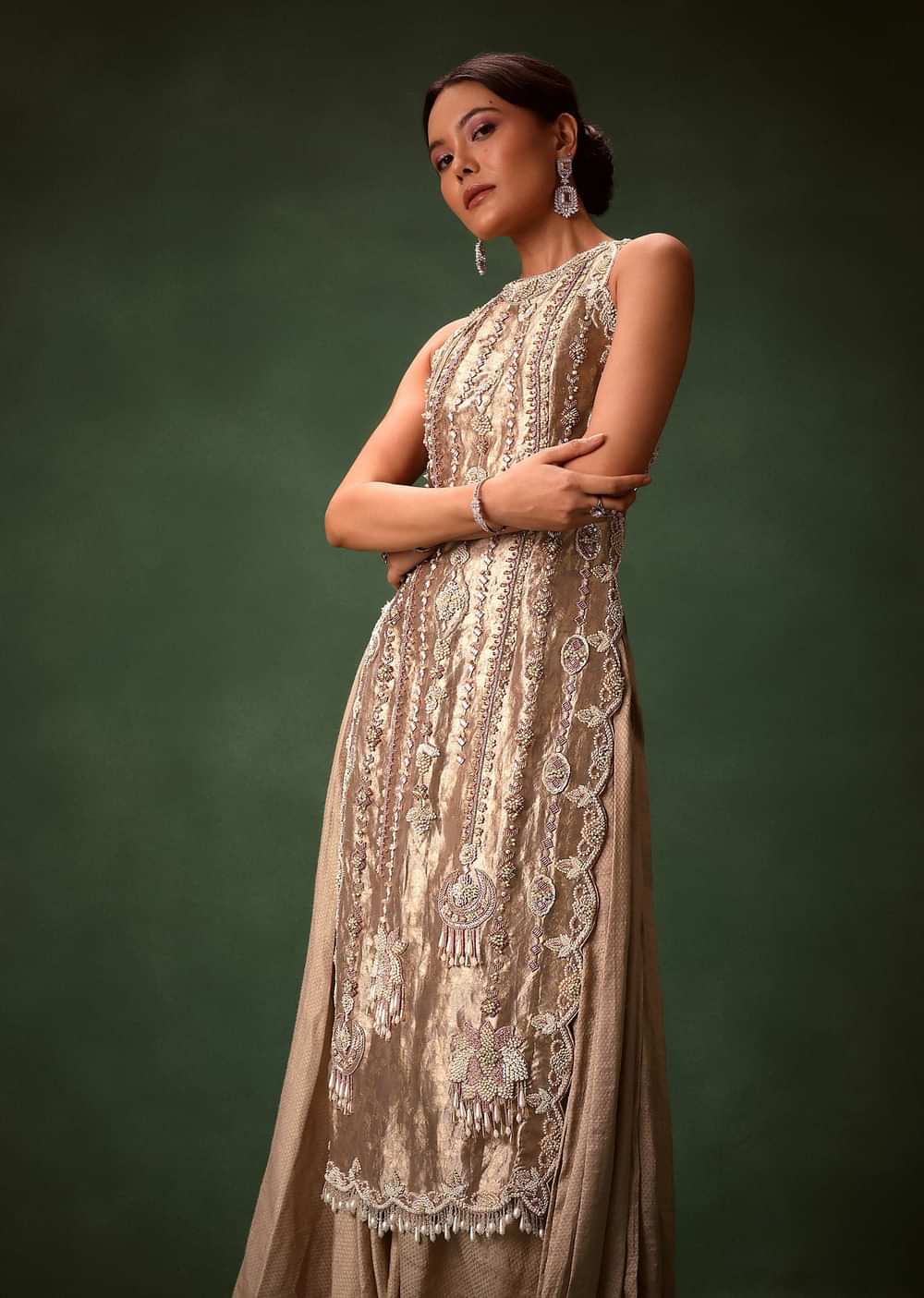 Mauve Dhoti Drape Skirt Brocade Embroidered Kurta With Side Tie Ups