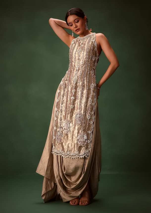 Mauve Dhoti Drape Skirt Brocade Embroidered Kurta With Side Tie Ups