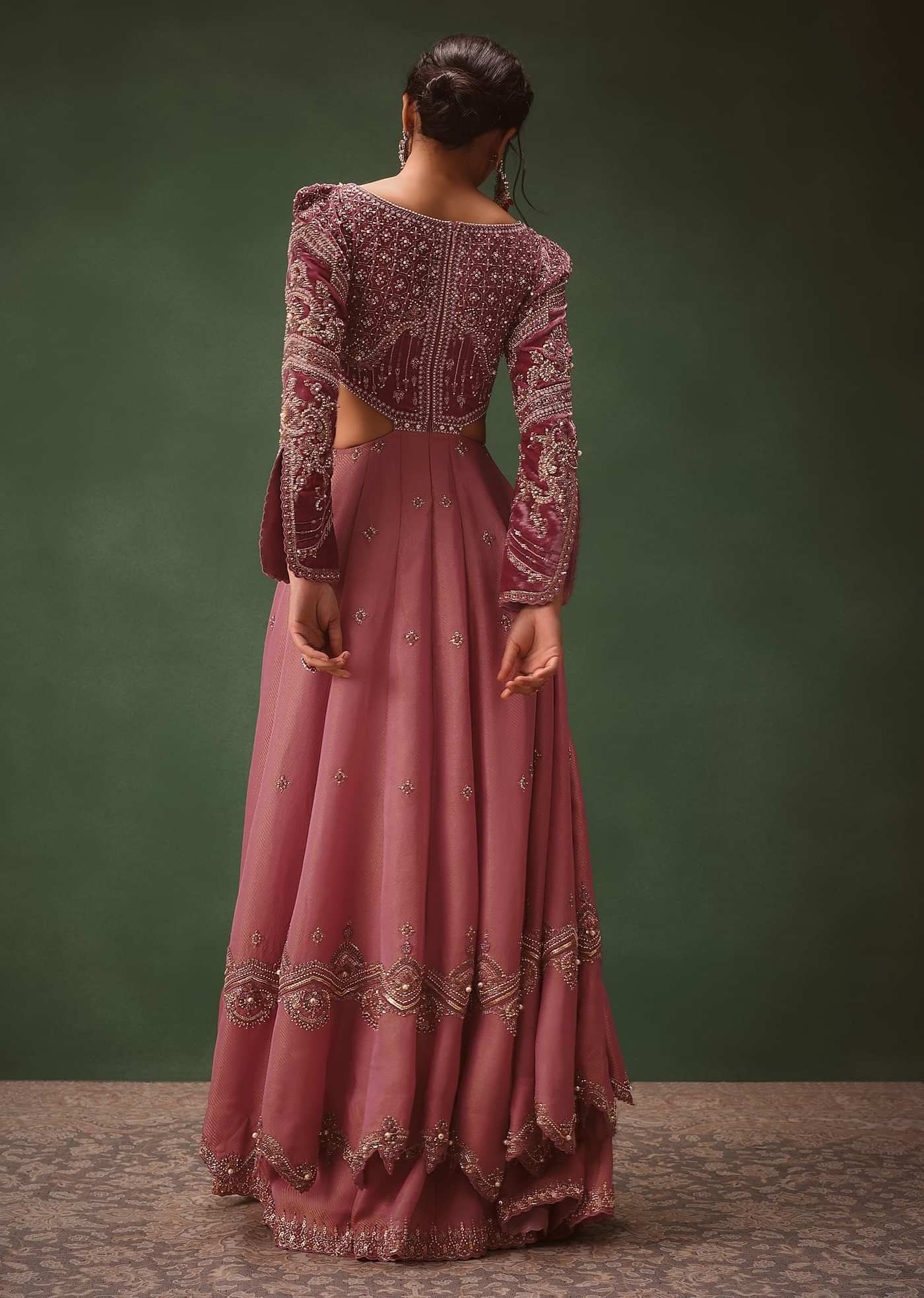 Mauve Embroidered Anarkali Suit With Flared Palazzo Pant