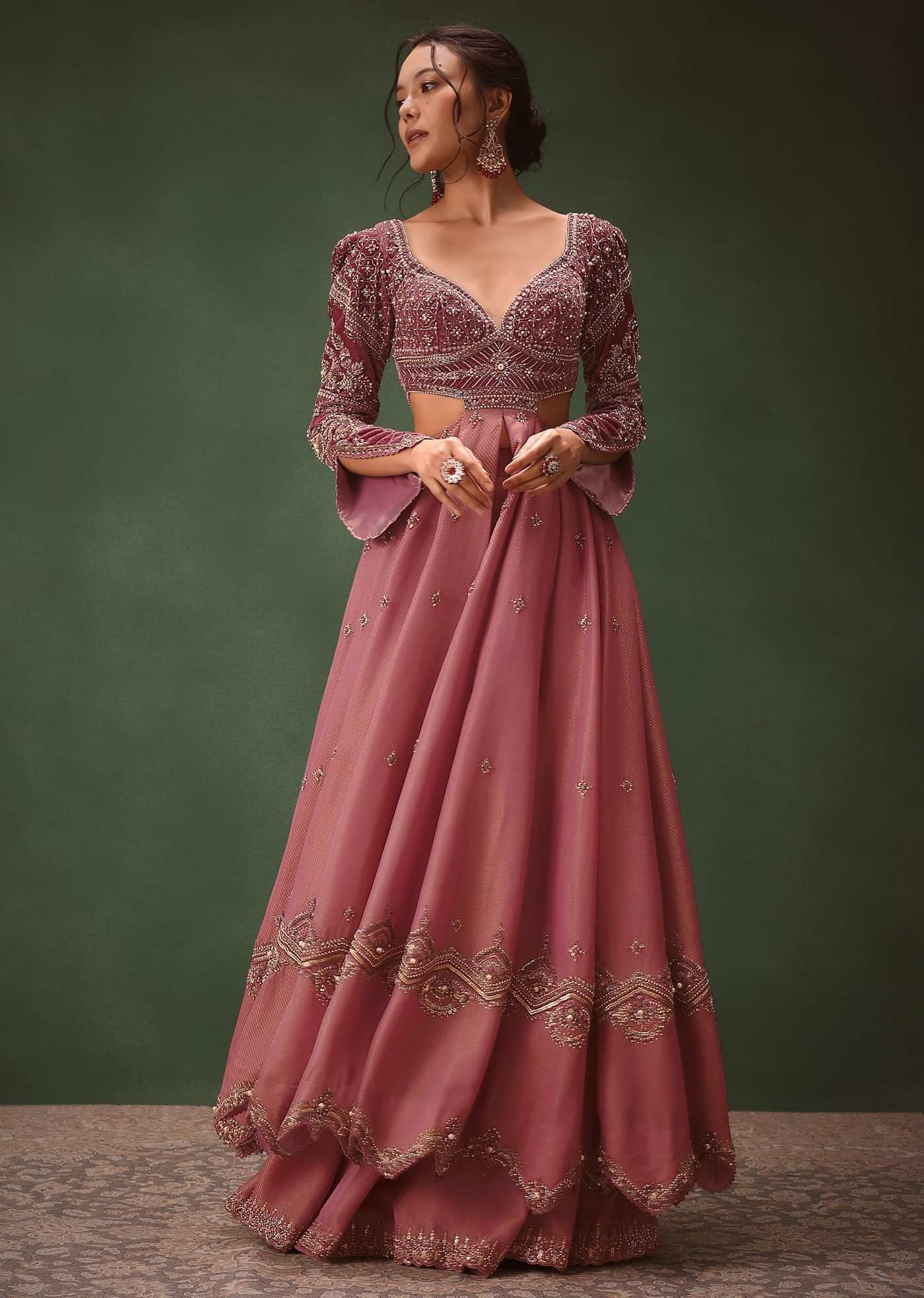 Mauve Embroidered Anarkali Suit With Flared Palazzo Pant