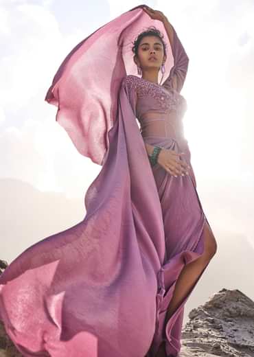 Mauve Embroidered Pre Pleated Drape Gown With Trail On Shoulder